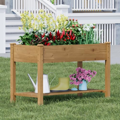 48x24x30.7in Wood Raised Garden Bed with Legs Elevated Planter Box Gardening Outdoor Planter Box Patio Kit Planting Bed for Vegetables Flowers Herbs Outdoor for Patio Balcony Backyard (Brown, Medium) - color: Brown, size: Medium