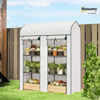 Outsunny 3 Tier Mini Greenhouse 2 Roll-up Doors 56.3" x 18.1" x 65" White - color: White
