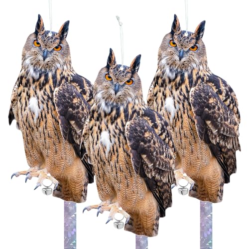 Owls to Keep Birds Away, 3Pcs Fake Owls with Reflective Tape for Garden Patio, Bird Scare Reflective Hanging Decoration to Keep Pigeon from Yard Windows Tree