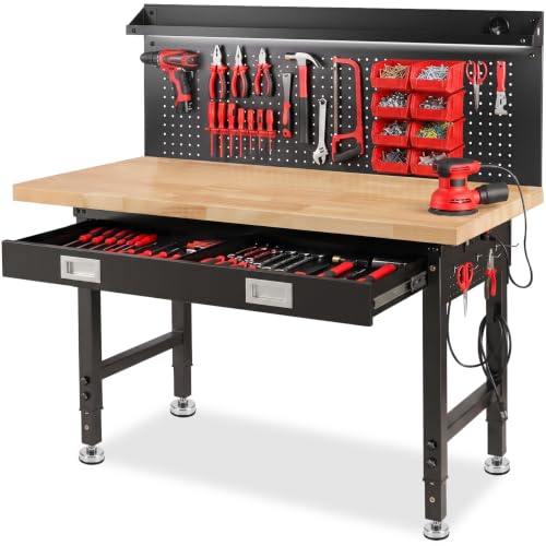 60" Workbench with Drawers, Work Benches for Garage with Strip Light, Adjustable Work Table with Large Pegboard, 2000 LBS Heavy Duty Table with Power Outlet Rubber Wood for Office Workshop - size: 60"| Pegboard | Drawer | LED Strip