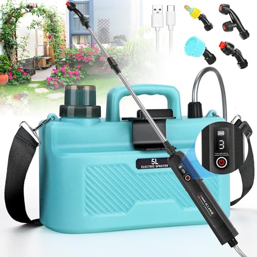 Battery Powered Sprayer 1.35 Gallon, Upgrade Electric Sprayer with Ergonomic Handle for Retractable Wand, Force Indicator, Adjustable Shoulder Strap for Garden, Weed Lawn and Cleaning - size: 1.35Gallons