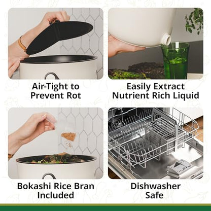 Bokashi Compost Bin + 2 Lb Bokashi Bran, Kitchen Countertop Composter - color: Olive
