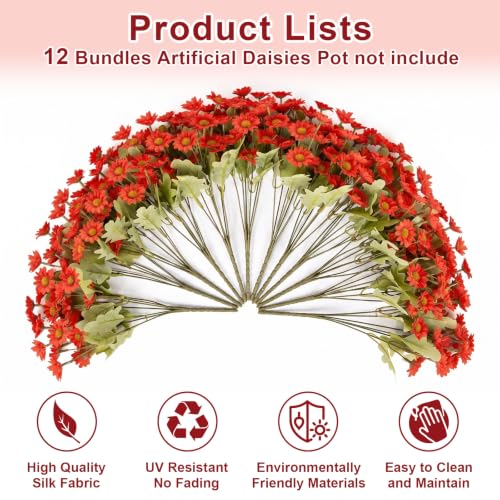 Artificial Daisy Mums for Outdoors, 12 PCS Fall Flowers, Red - color: Red