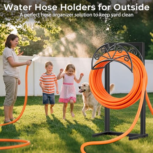 TomCare Garden Hose Holder, Heavy Duty Stand for 160FT Hose with 4 Spikes - color: Deep Black, size: 15.2″ W