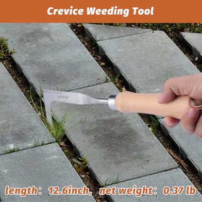 Crack Weeder,Stainless Steel Crevice Weeding Tool with Wood Handle
