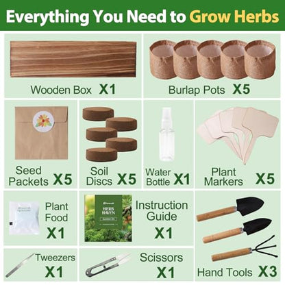 5 Herb Garden Planter Indoor with Wooden Box, Home Kitchen Seed Starter Kit Including Dill, Cilantro, Oregano, Sage, Chives, Birthday, Mothers Day, House Warming, Gardening Gifts for Women, Mom - color: B-Herb