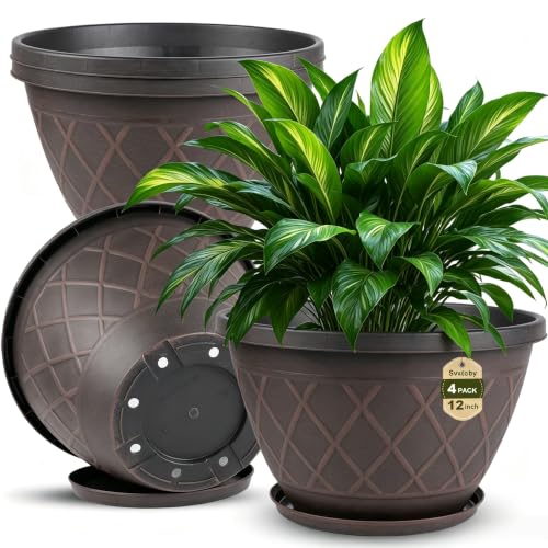 4 Pack 12 Inch Pots for Plants, Plastic Flower Pots with Faux-fence Texture - size: 12 Inch - 4Pack