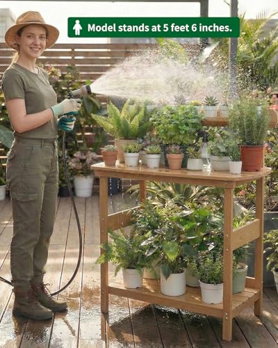 HIPS Outdoor Potting Table Bench with 3-Tier Storage Teak - color: Teak