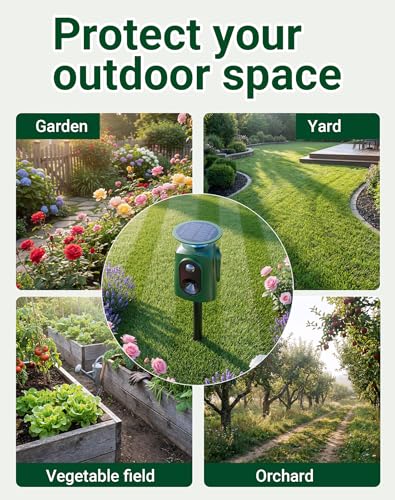 2 Pack 360° Solar Ultrasonic Animal Repeller Outdoor, Deer Repellent Devices with Motion Sensor & Flashing Lights, Waterproof Cat Repellent Outdoor for Yard, Repel Raccoon, Coyote, Skunk & More