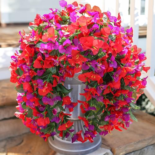 2 PCS Bougainvillea Artificial Hanging Flowers Plants for Outdoors, Mix - color: Purple + Red