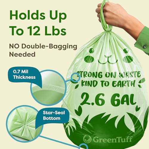 2.6 Gallon Compostable Trash Bags (100 Count) — Thick 0.7 Mil Small Compost Bin Liners — Leak-Resistant Plant-Based Food Scrap Bags for Countertop Kitchen Compost Pails — ASTM D6400 BPI Certified - style: 2.6 Gallon | Handle-Tie | 100-pack