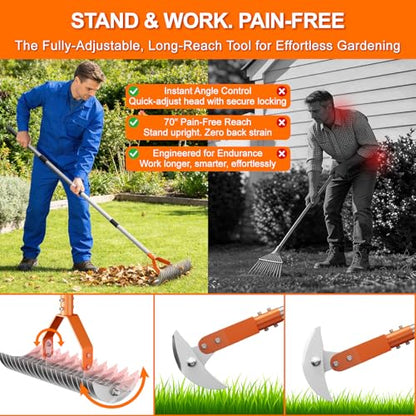 21-Tine Thatch Rake for Lawn,15" Heavy Duty Dethatcher Rake with 68" Handle - color: Orange