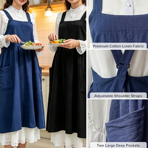 Cotton Linen Apron Cross Back Apron for Women with Pockets Pinafore Dress - color: 2 Pack-black+navy