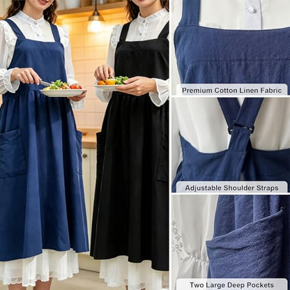 Cotton Linen Apron Cross Back Apron for Women with Pockets Pinafore Dress - color: 2 Pack-black+navy