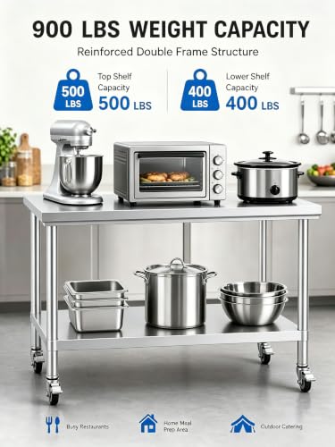 24x48 Stainless Steel 2-Tier Prep Table, 900LB Cart, Casters, Garage - color: Casters