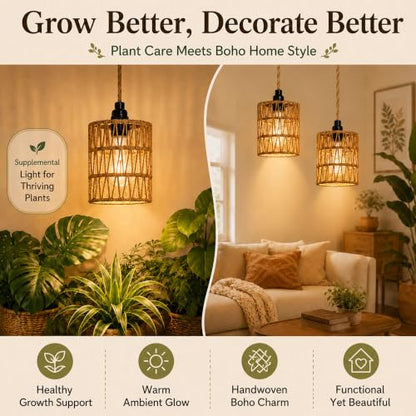 2 Pack Hanging Grow Lights for Indoor Plants Boho Rattan Plant Light