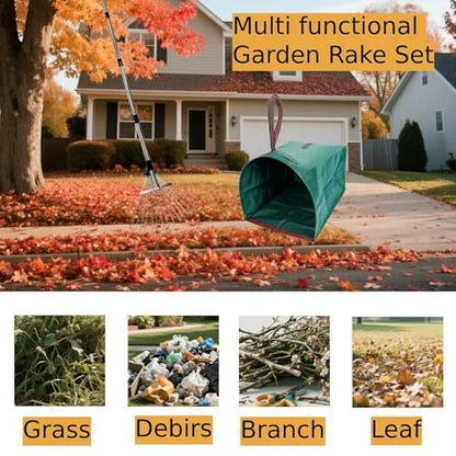 Adjustable Leaf Rake & 53 Gallon Bag, 33-68" Extendable Telescoping Yard