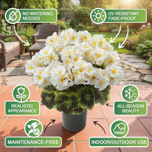 lovemoon 2 Pcs Geranium Potted Artificial Flowers, White, 19" - color: White