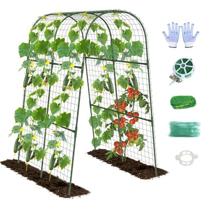 Cucumber Trellis, Metal Garden Arch Trellis for Raised Bed, 32 x 48inch U-Shape Garden Trellis for Climbing Plants Outdoor, Vegetables Fruit Plant Support with Netting, Gardening Supplies (Green) - size: 32 x 48 inch