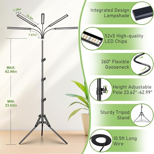 FOXGARDEN Grow Lights for Indoor Plants 5-Head Full Spectrum with Tripod Stand, Timer, Dimmable Flexible Goosenecks for Indoor Potted Plants - size: Stand-5Head