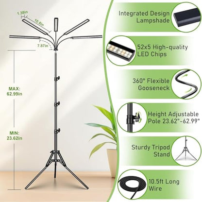 FOXGARDEN Grow Lights for Indoor Plants 5-Head Full Spectrum with Tripod Stand, Timer, Dimmable Flexible Goosenecks for Indoor Potted Plants - size: Stand-5Head