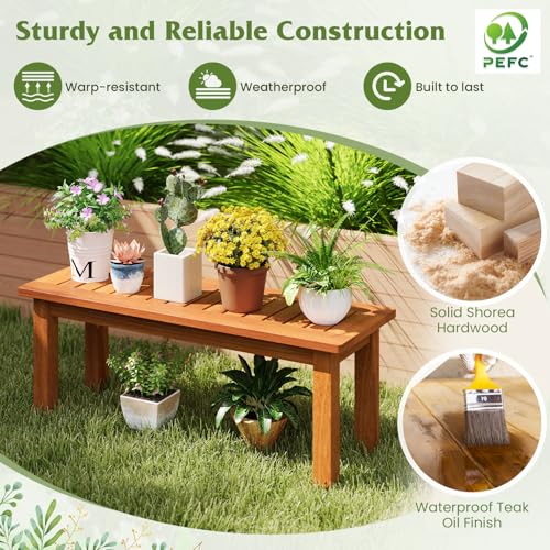 Tangkula Wooden Plant Stand, Outdoor Indoor Solid Wood Flower Pot Holder Display Shelf with Teak Oil Finish, Slatted Top, Rustic Plant Rack for Patio Garden Entryway Porch - size: 34" x 12" x 13"