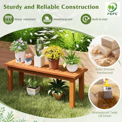 Tangkula Wooden Plant Stand, Outdoor Indoor Solid Wood Flower Pot Holder Display Shelf with Teak Oil Finish, Slatted Top, Rustic Plant Rack for Patio Garden Entryway Porch - size: 34" x 12" x 13"