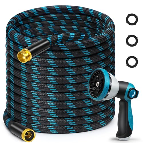 25 FTGarden Hose, Non-Expandable Flexible Fabric Water Hose with 10-Function Spray Nozzle, Kink-Free & Lightweight Yard Hose with 3/4" Solid Brass Connectors for Lawn, Outdoor, RV & Marine Use - size: 25FT