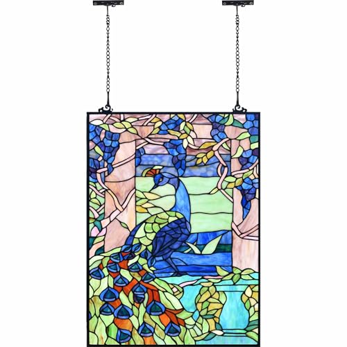 Bieye W10095 Blue Peacock Tiffany Style Stained Glass Window Panel - size: 17.5Wx23.75H Rectangular