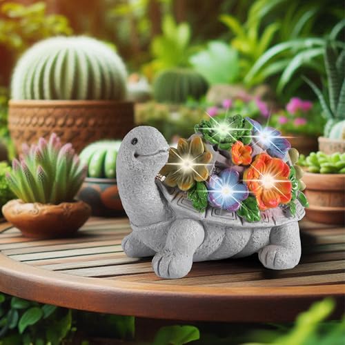 GoGnome Solar Turtle for Outdoor - Resin Little Sea Turtle Figurine with Colorful Succulent Flower 5 LED Lights - 5.5'' Lawn Ornaments Statue Garden Decor Gift - style: Turtle