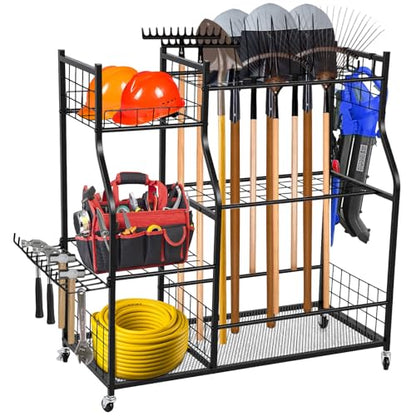 Garden Tool Organizer with Wheels for Garage Shed Yard Outdoor Storage Rack