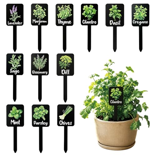 12Pcs Acrylic Herb Garden Signs - Waterproof Plant Labels & Markers for Outdoors - Reusable Garden Tags with Names for Vegetables,Herb Potted Plants, Indoor & Outdoor Decor