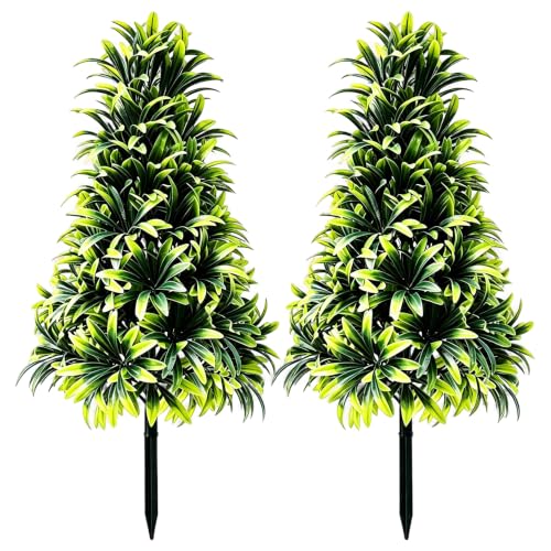 2Pack Outdoor Artificial Cedar Topiary Trees, 20" UV Resistant Fake Tree Evergreen Shrubs with Stake,Faux Bushes Plants for Front Porch,Planters,Garden,Pathway,Landscape Fall Decor - color: Green 007