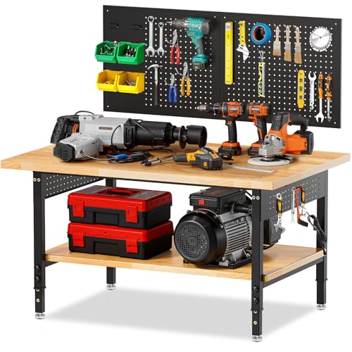 60“ Adjustable Height Workbench Work Bench for Garage Work Table with Under Table Shelf Heavy Duty Rubber Wood Top for Shop Woodworking, Office, Home, Commercial - size: 60"| Two-Tier | Pegboard | Power Outlet