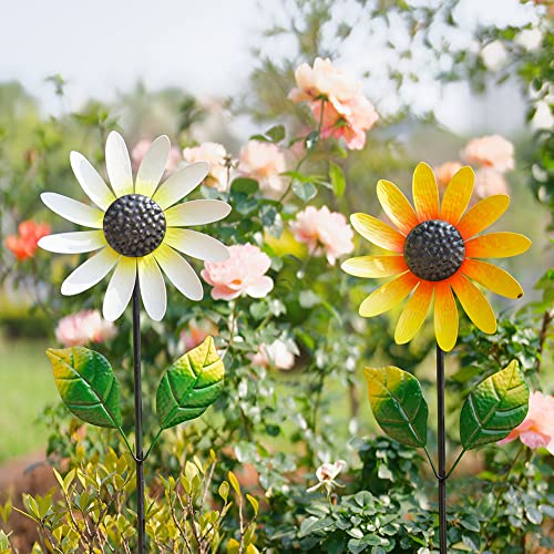 2 Pack Garden Wind Spinners,Wind Sculptures Windmill Flower Pinwheel - color: White-yellow