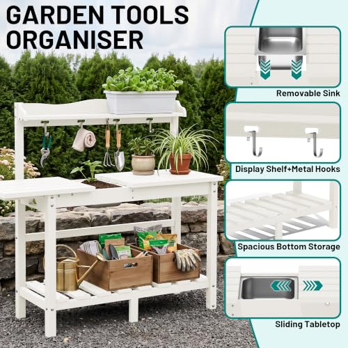 PLUUV Potting Bench with Removeable Sink, Garden Potting Table, White - color: White