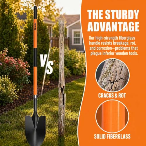 56 Inch Heavy Duty Round Point Digging Shovel with Orange Fiberglass Handle