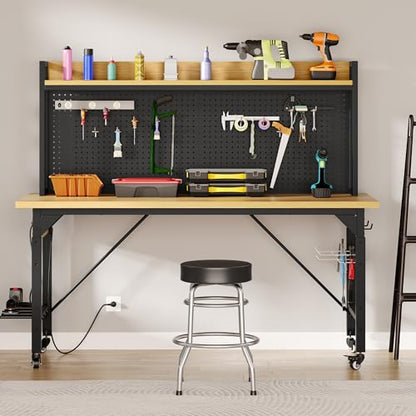 YITAHOME 48in Adjustable Workbench with Pegboard & Wheels & Outlets - size: 48" Workbench w/Pegboard