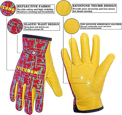 Kids Genuine Leather Work Gloves, Red, XL, 10-12 Years Old - color: Red 1 Pair, size: X-Large (8-12 Years Old)