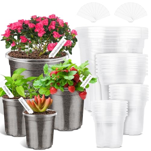 PACETAP 40Pack 6.5/5/4/3.5 Inch Reinforced Clear Nursery Pots with Drainage Holes, Variety Pack Thickened Plastic Plant Pots with 20 Plant Labels for Indoor Outdoor Flower Seed Starter - size: 6.5/5/4/3.5In-40pcs