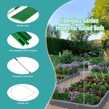 Garden Hoops for Raised Beds 60 Pcs, 10 Sets of 8FT Long Greenhouse Hoops Grow Tunnel Rust-Free Fiberglass Support Hoops Frame for Garden Netting Fabric Shade Cloth Row Cover (60 PCS) - size: 60 PCS