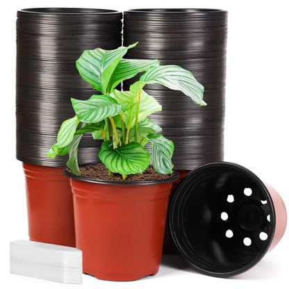 JERIA 200 Pack 6 Inch Plastic Nursery Pots Comewith Drainage Holes, Seedling Flower Plant Container and Seed Starting Pots with 200 Pcs Labels - size: 6 Inch
