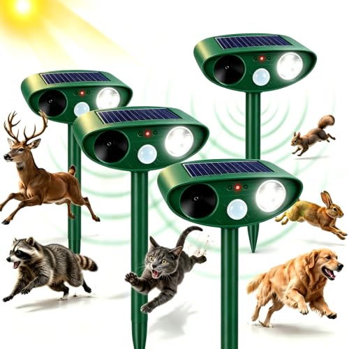 4 Pack Sonic Fortress Pro Deer Repellent Devices for Plants,Cat Repellent Outdoor Motion Sensor Solar Animal Repellent Ultrasonic for Squirrel Rabbit Raccoon Skunk Fox Coyote Deterrent Yard Garden