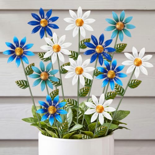 12 Pack 15.8" Metal Flowers for Outside Metal Flower Garden Stake Outdoor Garden Stakes Decorative Plant Gardens Stake Decor Flickering Daisy Yard Art for Lawn Porch Decor (Blue Series) - color: Blue Series