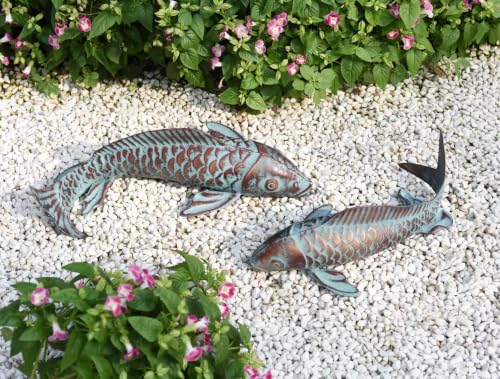 Garden Statues Koi Fish Decor for Outside,Antique Copper Garden Decor,Large Outdoor Koi Sculptures & Statues for Yard Patio Backyard Pond Decorations,Metal Fish Gifts for Mom Grandma,Set of 2 - style: Set of 2