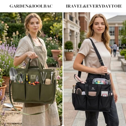 Garden Tool Bag, 9-Pocket Gardening Organizer Tote with Shoulder Strap, Heavy Duty Green Tool Bag
