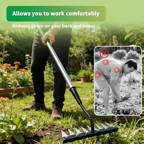 Upgraded Stainless Steel 8 Tines Garden Rake with 4-Section Adjustable Handle, Heavy Duty Manual Weeder Remover Tool for Gardening, YardWork, Weed Removal & Soil Aeration