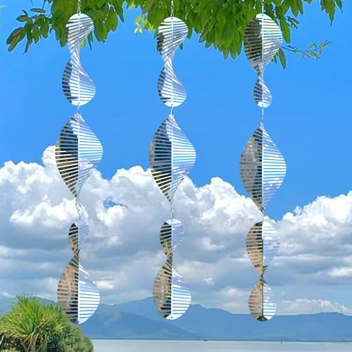 3 * 3 Stainless Steel Bird Scarer Discs Set, 3D Reflective Helix Wind Spinners Bird Reflector & Sparkly Metal Outdoor Garden Décor Sculpture Ornaments, Deterrent to Scare Pigeon Away Yard Patio Farm