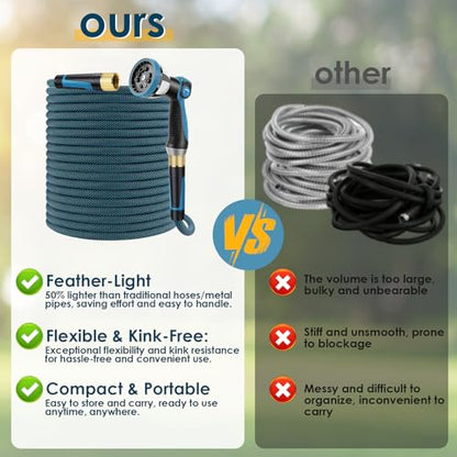 Non-Expandable Garden Hose 100 FT, Lightweight Hose with 10 Function Spray Nozzle, Kink-Free Flexible Water Hose, Durable, Leak-Proof, 360° Swivel Connectors, Portable Storage Strap