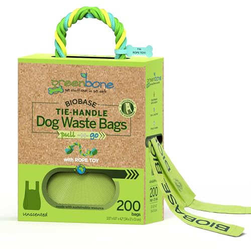 Greenbone Poop Bags for Dogs with Handles Unscented with Bonus Rope Pet Toy, 200 Count on Single Roll, Plant Based - style: Uncented-toy